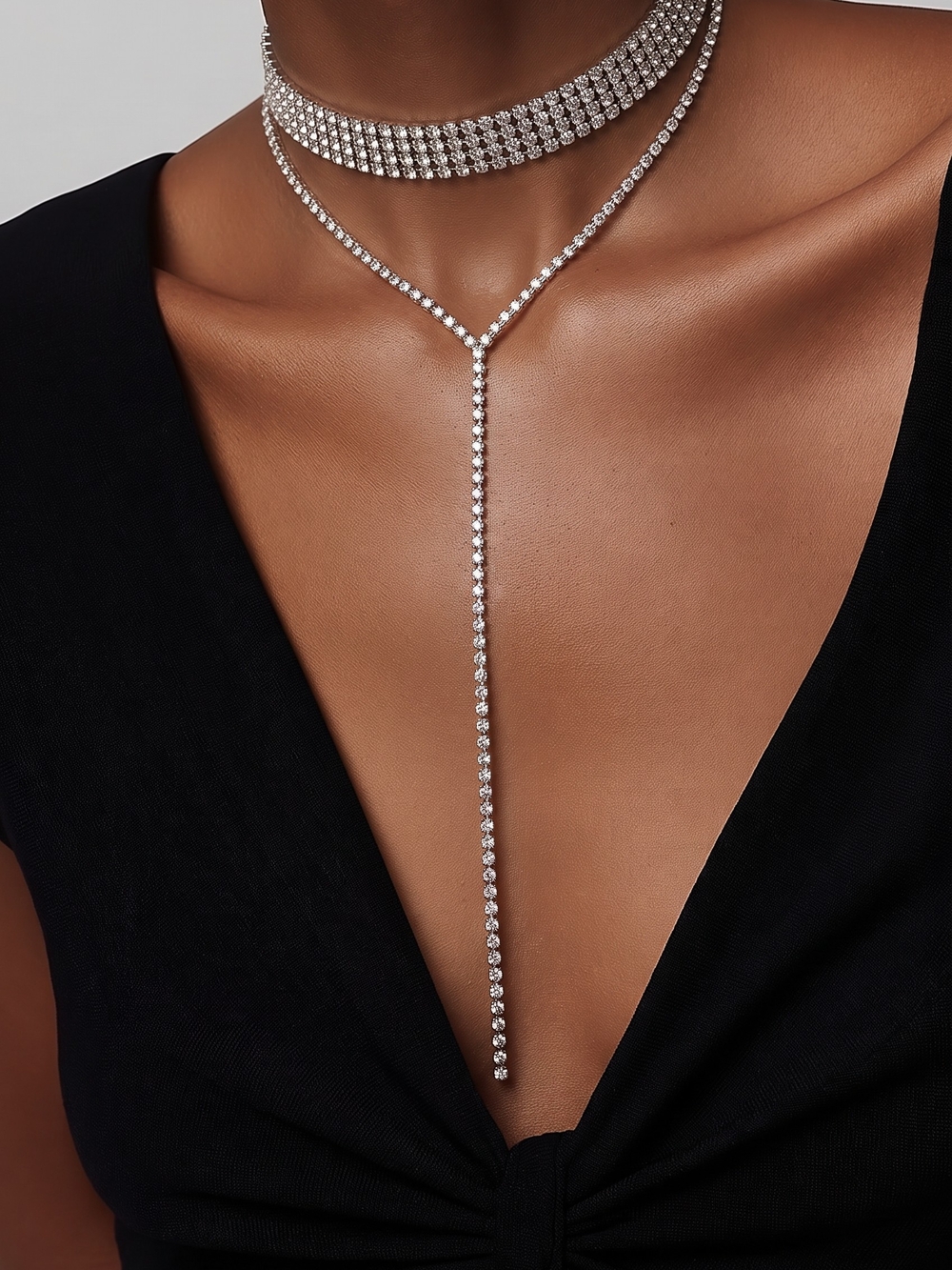 Silver Rhinestone Lariat and Multi-Row Choker Set - Silver